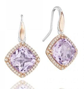 A pair of amethyst birthstone drop earrings from TACORI feature sterling silver and 18k rose gold