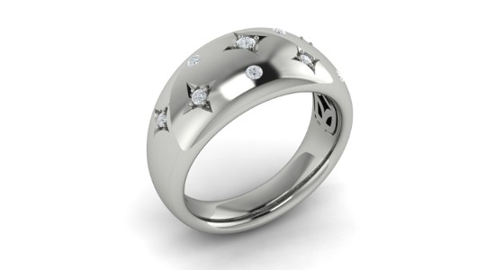 a white gold dome ring with diamond accents and star shaped metal work