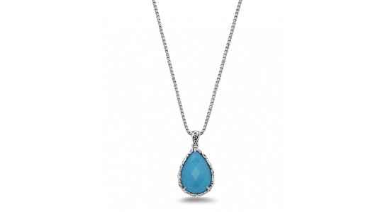 a white gold pendant necklace with a pear shape turquoise stone