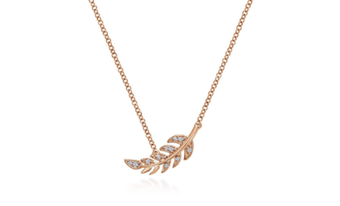 A rose gold floral necklace from Gabriel & Co, available at Long Jewelers.