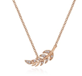 A diamond leaf pendant from Gabriel & Co. in rose gold.