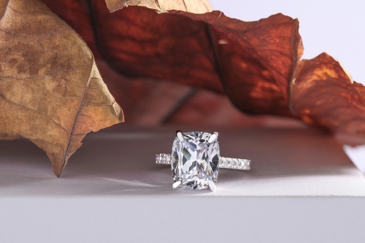 a side stone engagement ring on a white stand, sitting under brown leaves